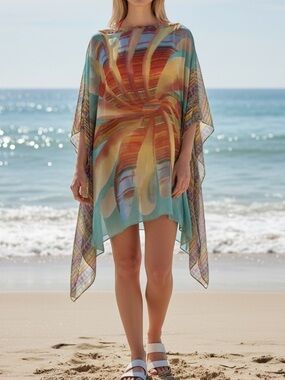 Orange Fashion Village Colourful Chiffon Beach Coverup Layering Top One Size